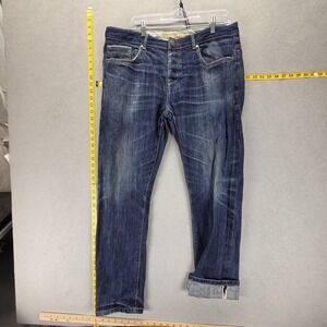 Selvedge Jeans Mens Blue Medium Wash Whiskers Button Fly Honeycomb Fits 36x31